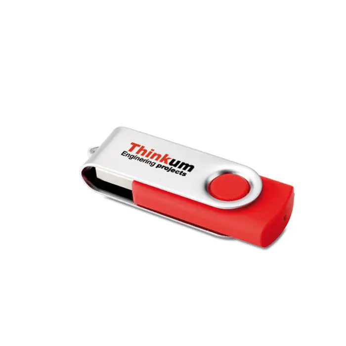 Techmate usb flash de 8 gb roșu și argintiu cu capac rotativ și inscripția thinkum engineering projects pe metalic
