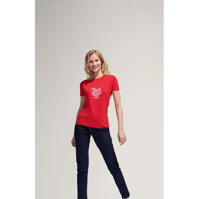 Tricou imperial femeie rosu cu maneci scurte din bumbac 190g cu imprimeu alb rock and roll