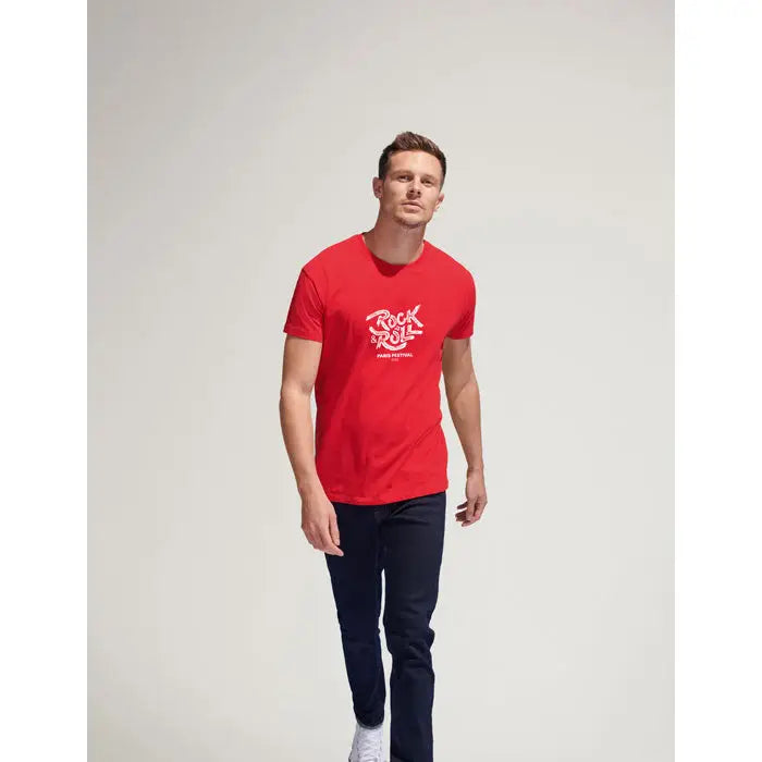Tricou imperial men 190g rosu cu maneci scurte si print alb rock roll pe fata