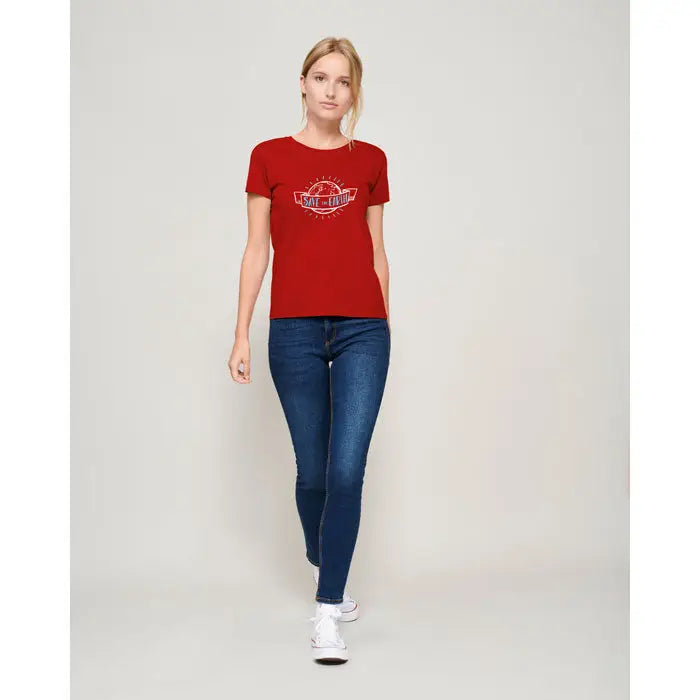 Tricou pionier femei 175g rosu cu maneci scurte si imprimeu alb si rosu pe piept din bumbac