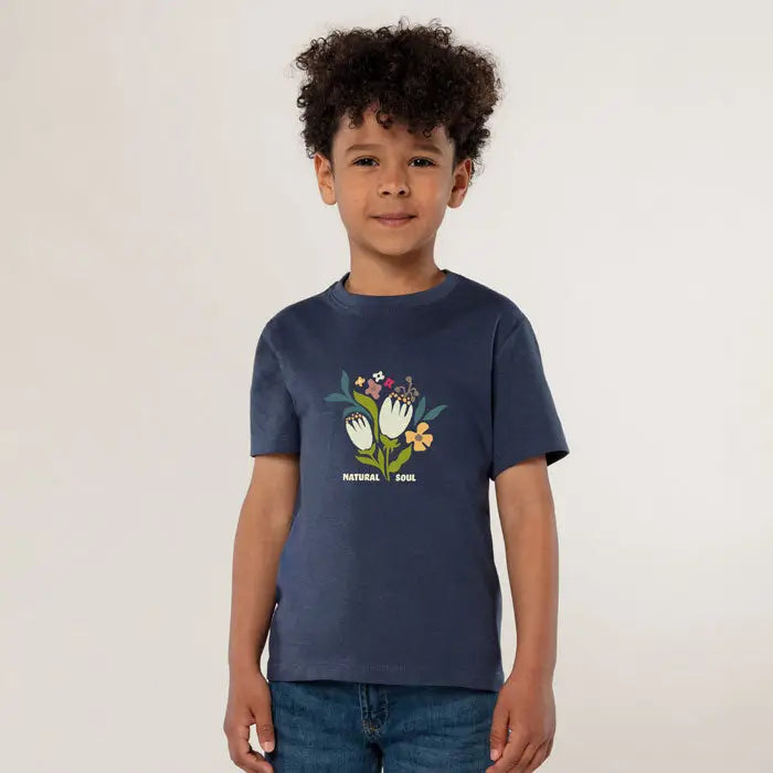Tricou copii navy blue din bumbac 150g cu grafica florala colorata si text natural soul model trioc regent kids