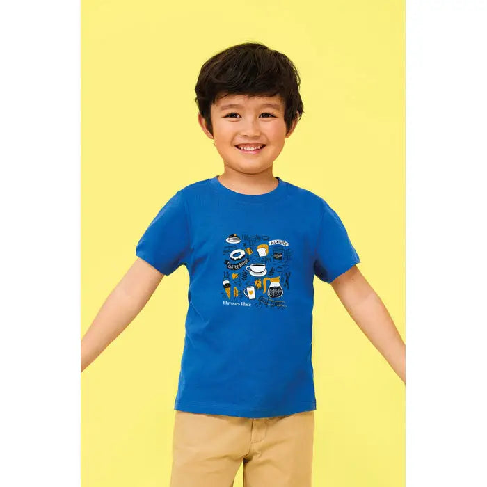 Tricou albastru pentru copii cu mânecă scurtă și imprimeu colorat cu tematică de cafea trioc regent kids 150g