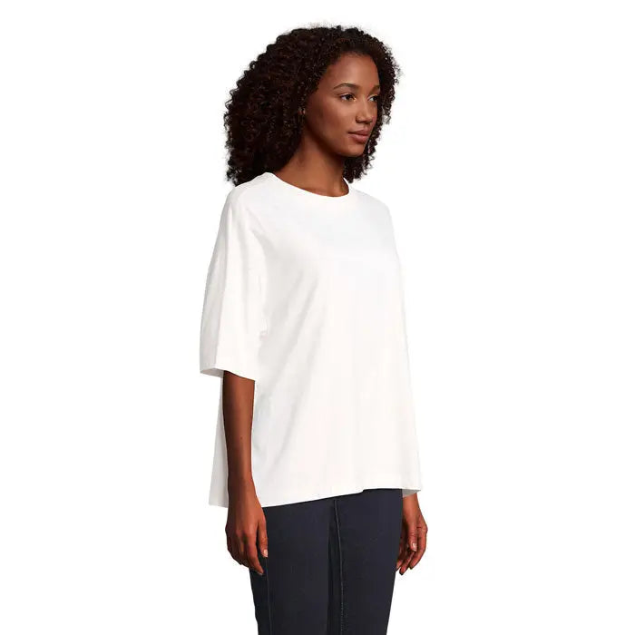 Tricou alb oversized Triou oversize boxy femeie cu croială lejeră și mâneci scurte din bumbac