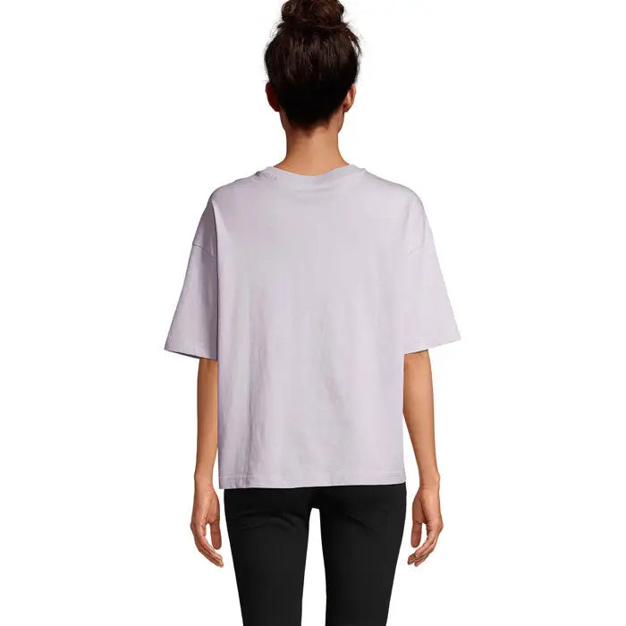 Tricou oversized boxy femeie lavanda din bumbac moale cu croială relaxată și mâneci scurte