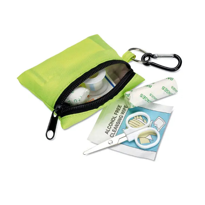 Trusa de prim ajutor din material textil verde lime cu fermoar negru si carabina pentru agatat