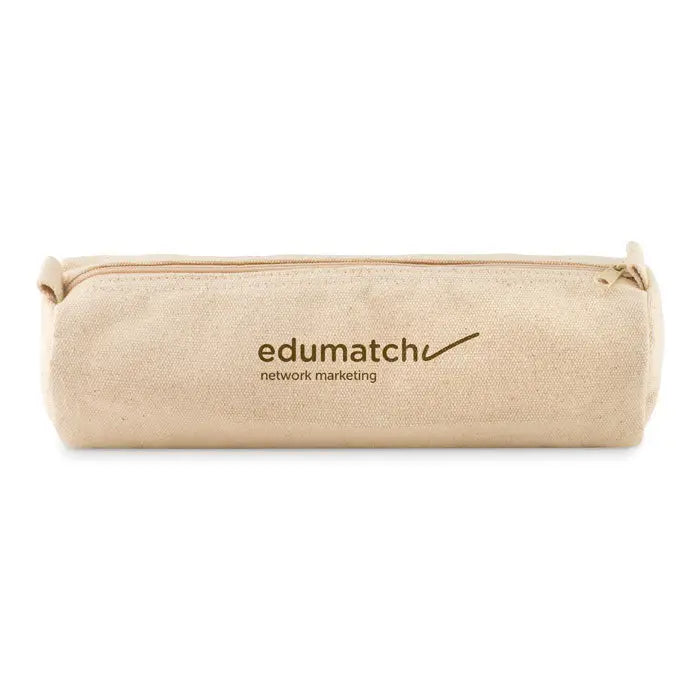 Trusa din bumbac 320 grm beige cu fermoar si logo edumatch network marketing imprimat maro inchis