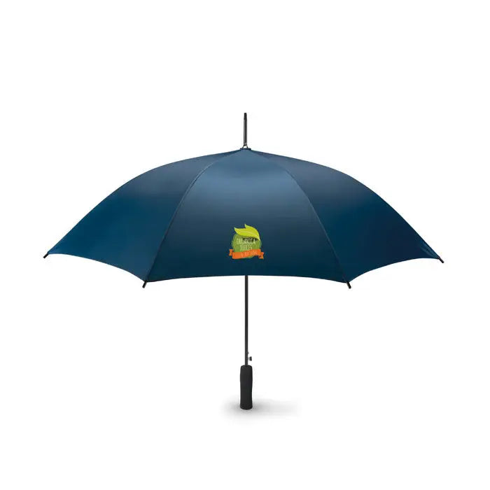 Umbrela albastru navy de 23 inch cu logo verde și portocaliu pe panza potrivită pentru ploaie