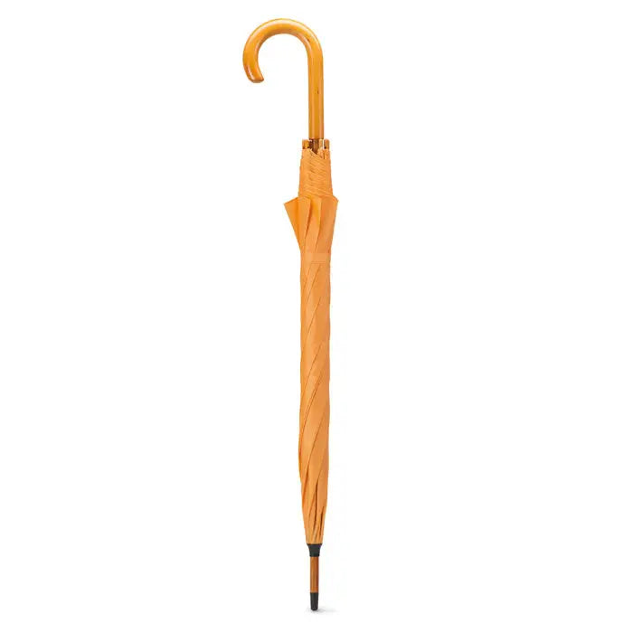 Umbrela de 23 inch cu maner curbat din lemn si shaft rasucit din material, in nuanta aurie-portocalie eleganta