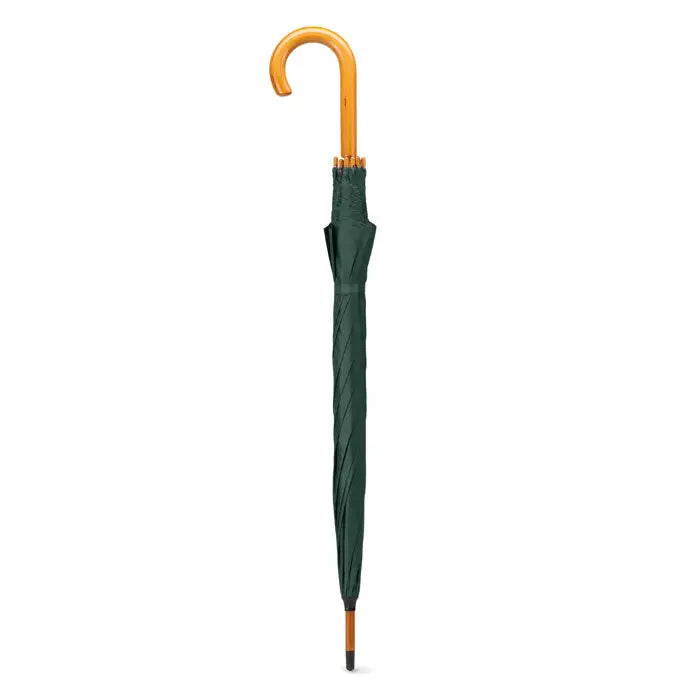 Umbrelă de 23 inch verde închis cu mâner curbat din lemn și tijă din lemn asortată