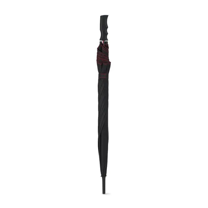Umbrela rezistenta la vant de 23 inch neagra cu maner texturat si cusaturi discrete bordo pe copertina pliata