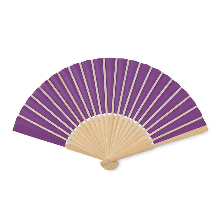 Ventilator manual manual cu evantai din hartie mov si bej cu rama din lemn pentru racire manuala