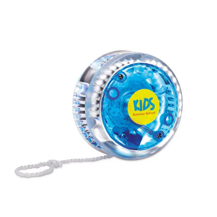 Yo-yo cu lumina din plastic albastru transparent cu sticker galben kids summer school si sfoara alba