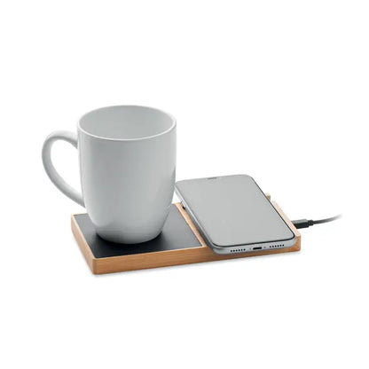 Un incarcator fara fir incalzitor de cani minimalist cu rama din lemn natural si suprafata ceramica neagra
