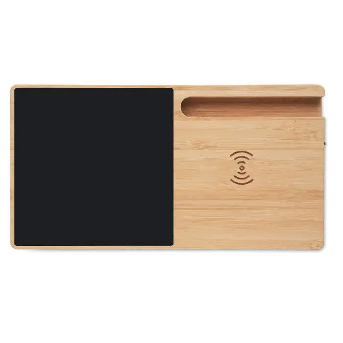 Incarcator wireless din bambus cu suprafata neagra de tip tabla si slot integrat pentru dispozitive pentru incalzitor de cani