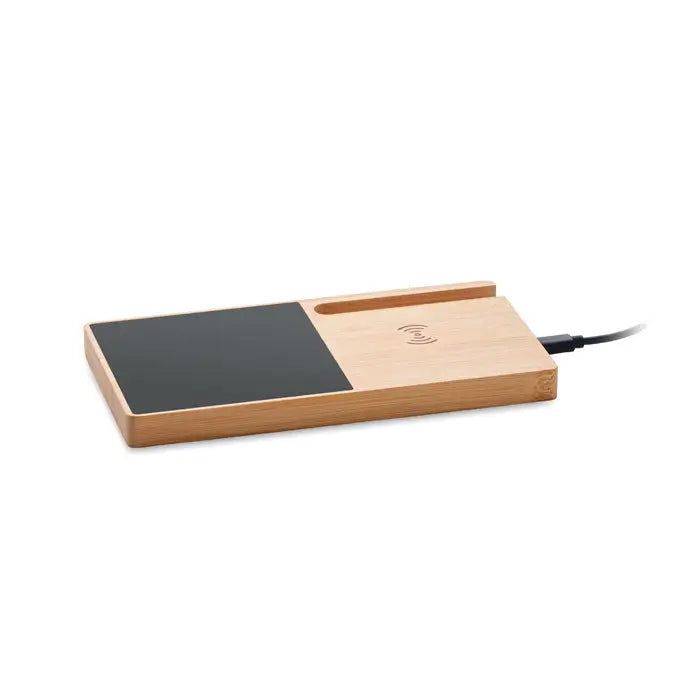 Incarcator fara fir dreptunghiular cu finisaj natural din lemn si suprafata magnetica neagra cu slot integrat pentru telefon