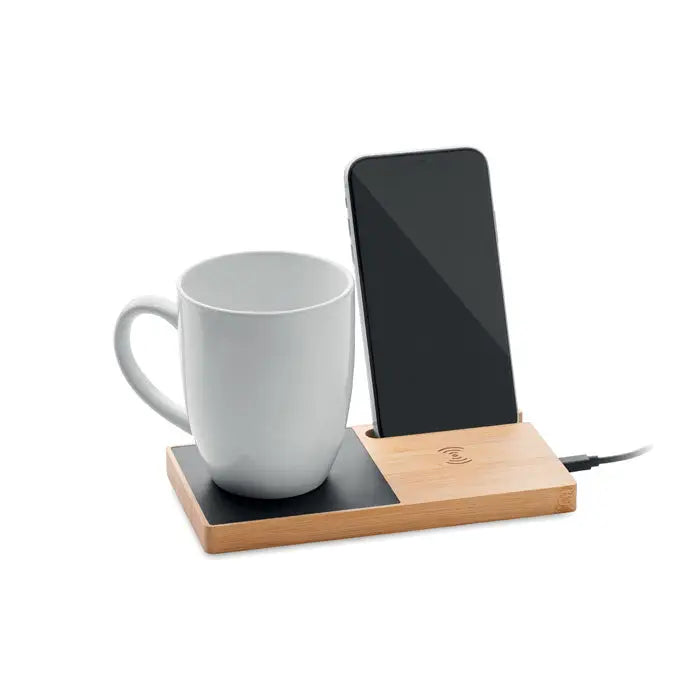 Incarcator wireless fara fir din bambus cu suport pentru cana si finisaj negru mat pentru incalzirea bauturilor