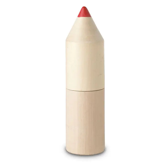 Un container din lemn in forma de creion cu varf rosu si finisaj natural pentru 12 creioane