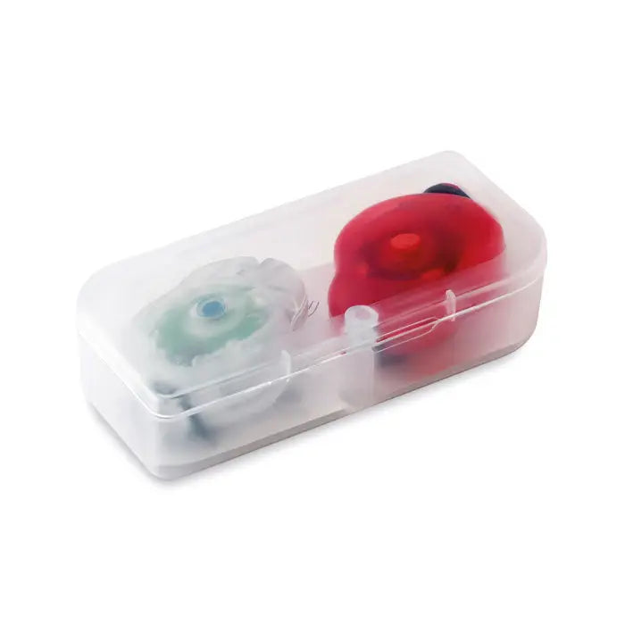 Cutie pp transparenta cu doua faruri pentru biciclete, unul rosu si unul verde transparent cu centru albastru