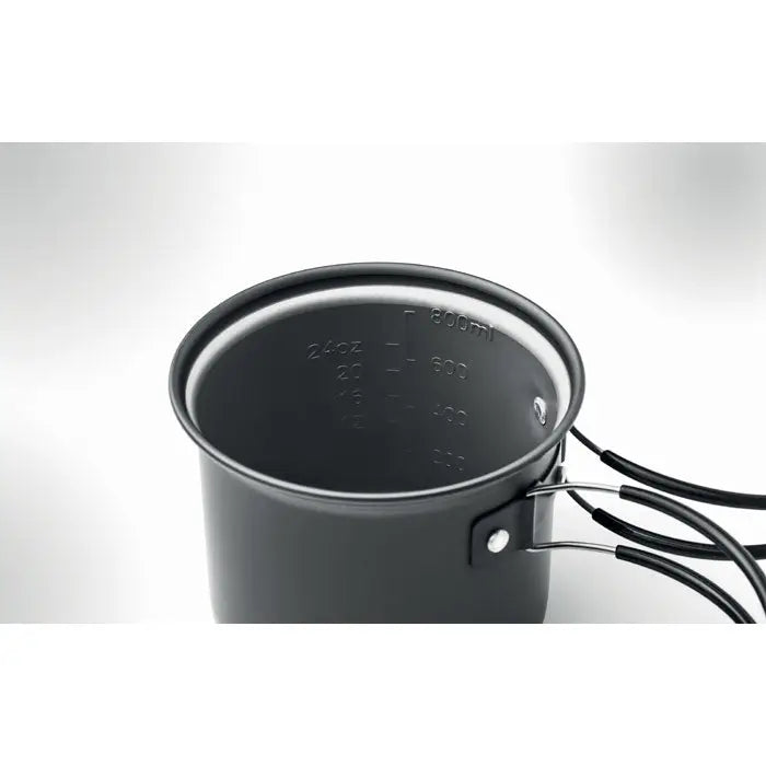 Black aluminiu oale de camping cu tacamuri si marcaje pentru masurare in uncii si mililitri