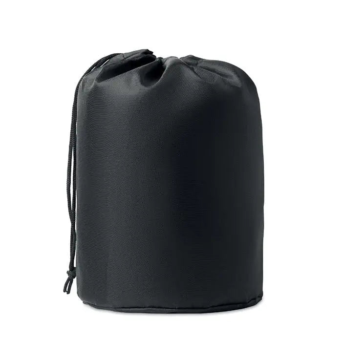 Sac de depozitare negru cu snur din material rezistent pentru 2 oale de camping cu tacamuri minimalist