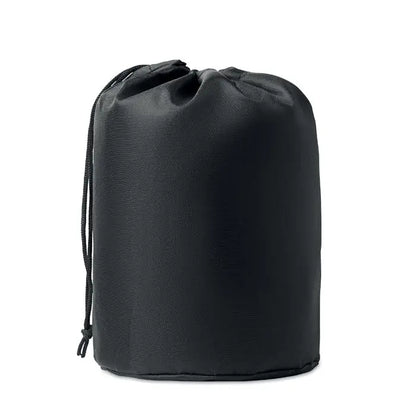 Sac de depozitare negru cu snur din material rezistent pentru 2 oale de camping cu tacamuri minimalist