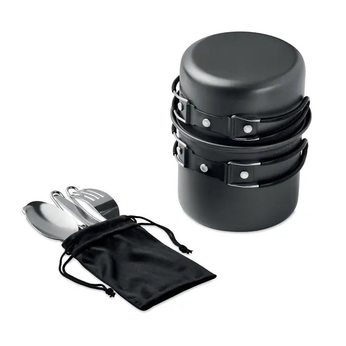 Set negru de vase de camping stivuibile cu tacamuri din inox si saculet pentru depozitare