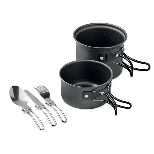 Set de 2 oale de camping negre din aluminiu cu tacamuri pliabile din inox pentru activitati outdoor