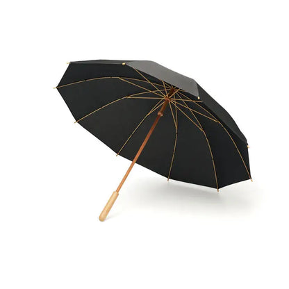 Umbrela neagra de 23,5 inch cu maner din bambus si armaturi aurii pentru utilizare durabila