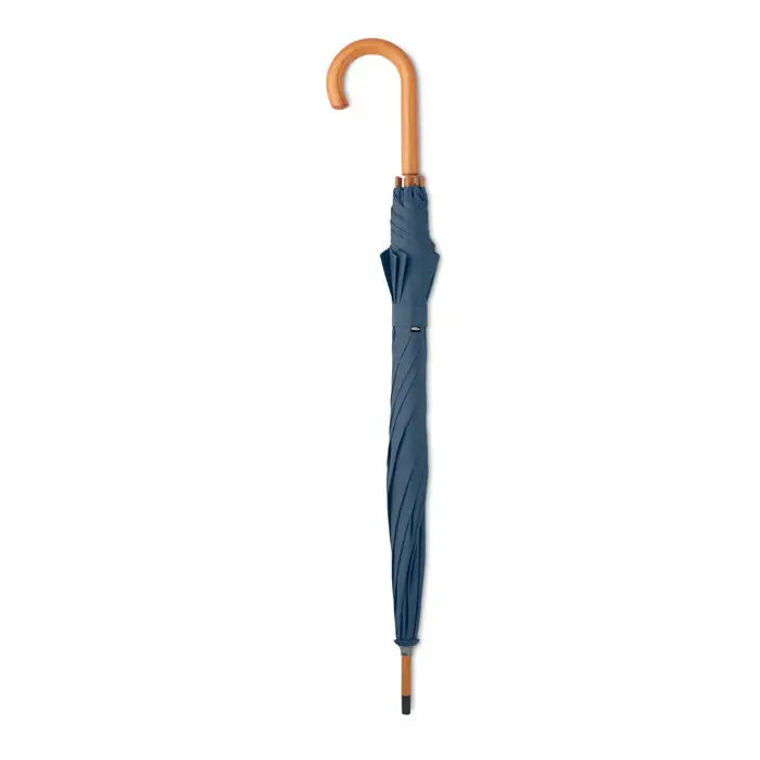 Umbrela navy blue 23 inch rpET pongee cu mâner curbat din lemn și vârf asortat din lemn