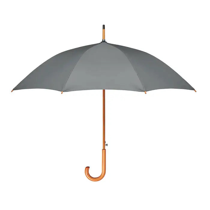 Umbrelă gri de 23 inch rpET pongee cu mâner și ax din lemn lustruit