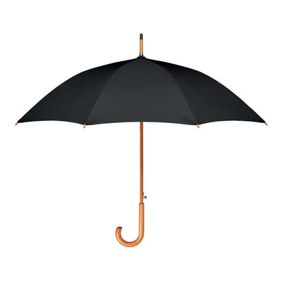 Umbrelă neagră de 23 inch rpete pongee cu mâner din lemn lustruit și prindere curbată