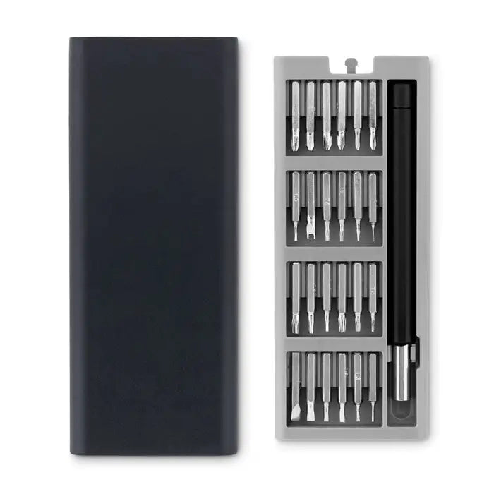 Set de 24 surubelnite argintii cu maner negru in carcasa din plastic gri pentru diverse utilizari