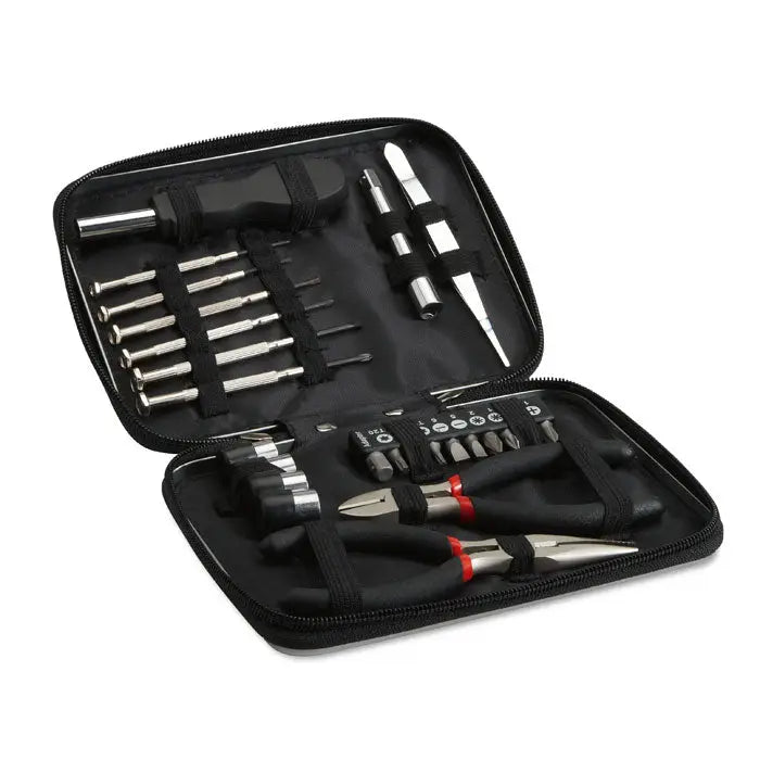Set de 26 buc unealta in carcasa de aluminiu neagra cu surubelnite precise si clesti cu detalii rosii