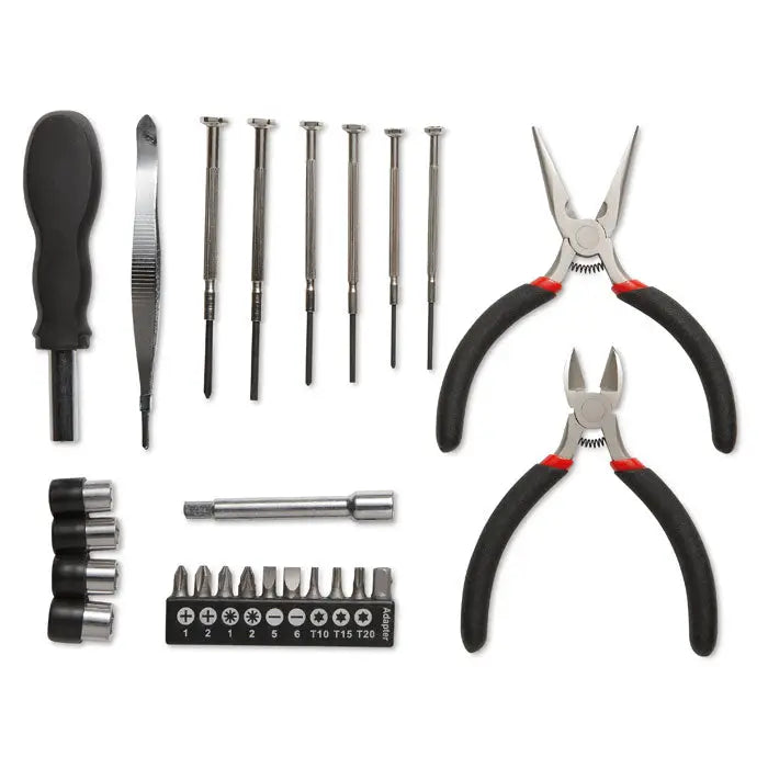 Set de 26 buc unelte in carcasa de aluminiu cu clesti de precizie manere negre si rosii si falci din otel inoxidabil