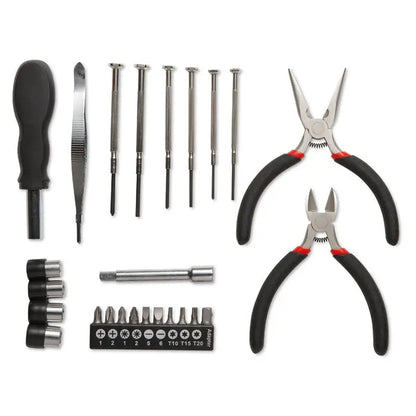 Set de 26 buc unelte in carcasa de aluminiu cu clesti de precizie manere negre si rosii si falci din otel inoxidabil