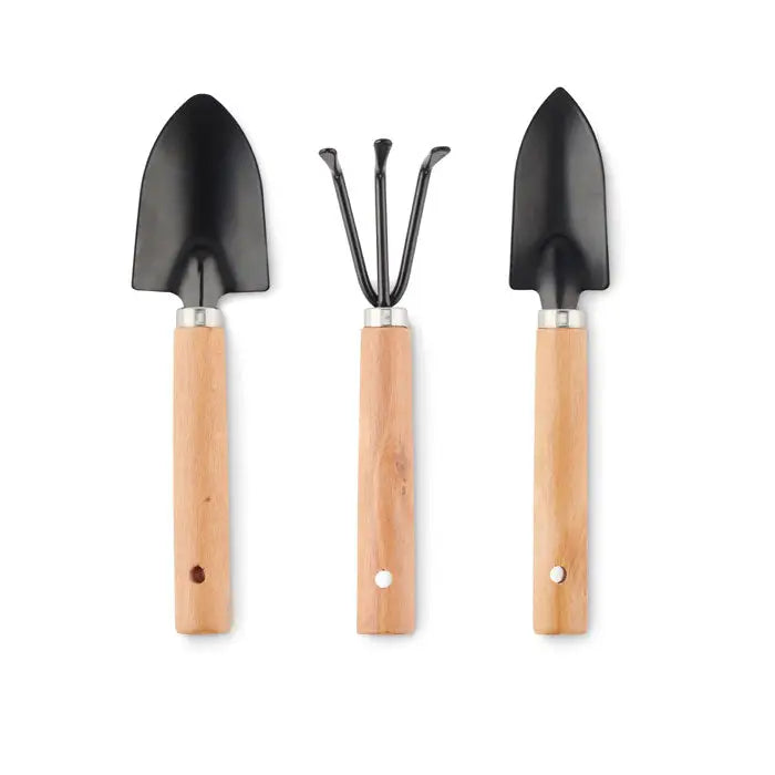 Set de trei unelte de gradina din metal negru cu manere din lemn deschis in punga rpet