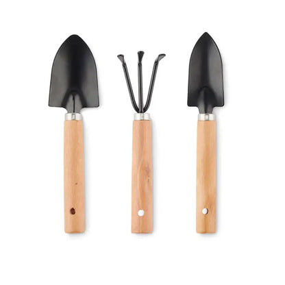 Set de trei unelte de gradina din metal negru cu manere din lemn deschis in punga rpet