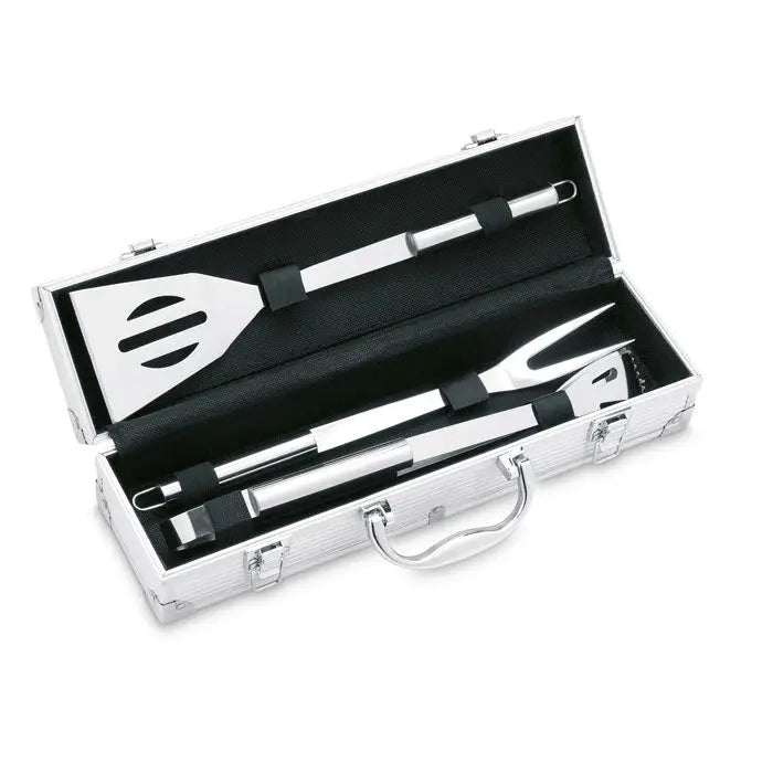 Set de 3 unelte pentru gratar din otel inoxidabil argintiu in carcasa de aluminiu pentru transport