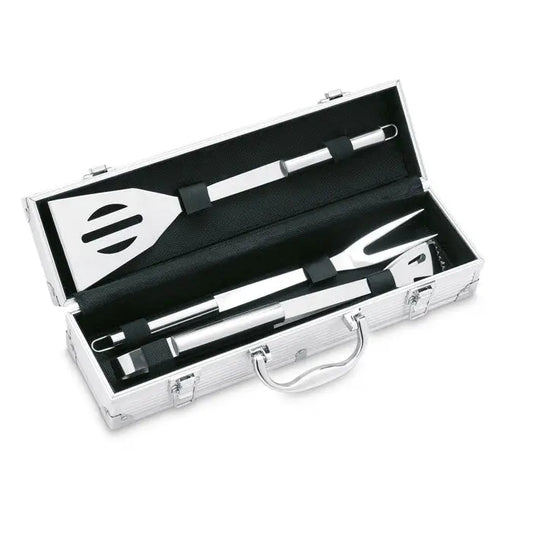 Set de 3 unelte pentru gratar din otel inoxidabil argintiu in carcasa de aluminiu pentru transport