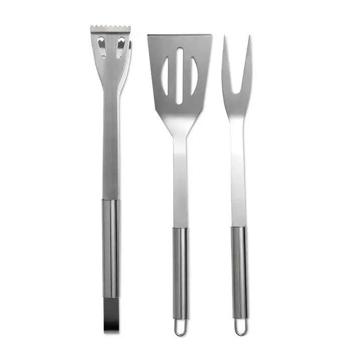 Set de 3 unelte pentru gratar din otel inoxidabil cu spatula, furculita si perie pentru gratar cu manere metalice elegante