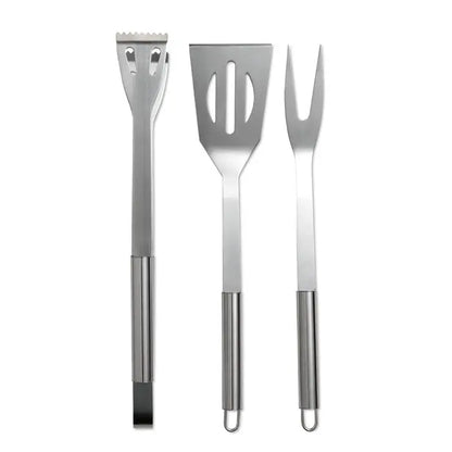 Set de 3 unelte pentru gratar din otel inoxidabil cu spatula, furculita si perie pentru gratar cu manere metalice elegante