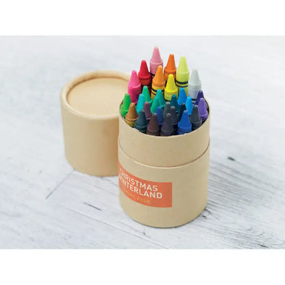 Set vibrant de 24 creioane de ceara colorate in cutie cilindrica de carton etichetata christmas winterland
