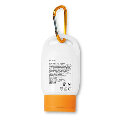 Sticla portabila 30 ml lotiune de protectie solara alba si portocalie cu clema carabiniera pentru transport facil