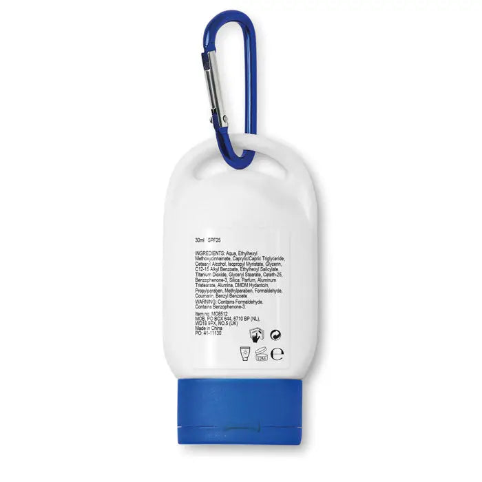 Sticlă portabilă albă și albastră de 30 ml loțiune de protecție solară cu clips carabinieră pentru utilizare la exterior