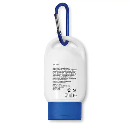 Sticlă portabilă albă și albastră de 30 ml loțiune de protecție solară cu clips carabinieră pentru utilizare la exterior