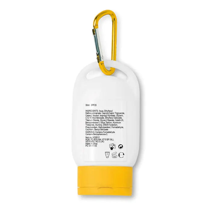 Recipient portabil alb și galben pentru loțiune de protecție solară 30 ml cu clips carabinieră