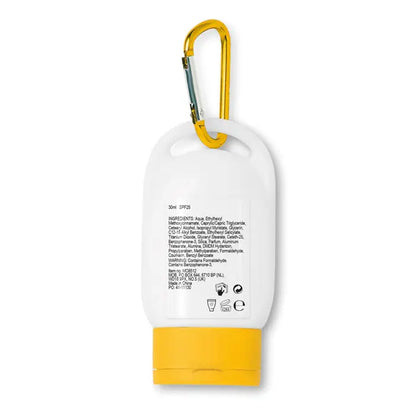 Recipient portabil alb și galben pentru loțiune de protecție solară 30 ml cu clips carabinieră