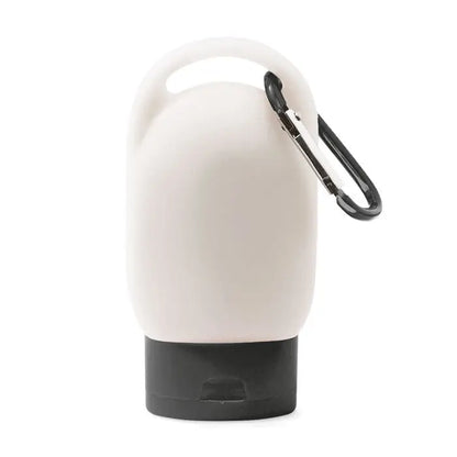 Sticlă de silicon alb cu capac negru și carabinieră pentru loțiune de protecție solară 30 ml