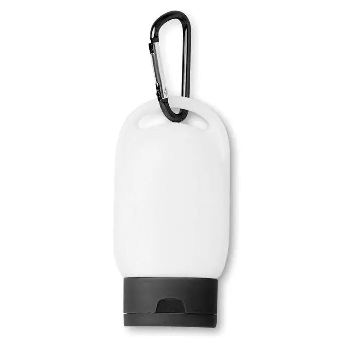 Sticlă albă de silicon pentru dezinfectant cu capac negru și clips carabinier în sticluță de 30 ml loțiune de protecție solară