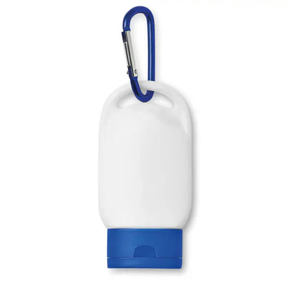 Sticla alba din plastic pentru lotiune de protectie solara 30 ml cu capac albastru si carabiniera albastra